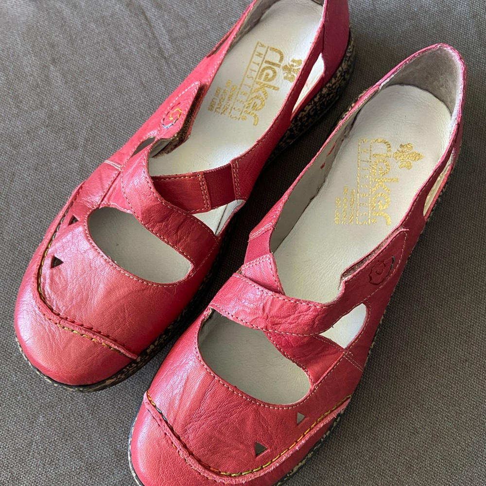Rieker Red Leather Mary Jane Flats with Cutout Details